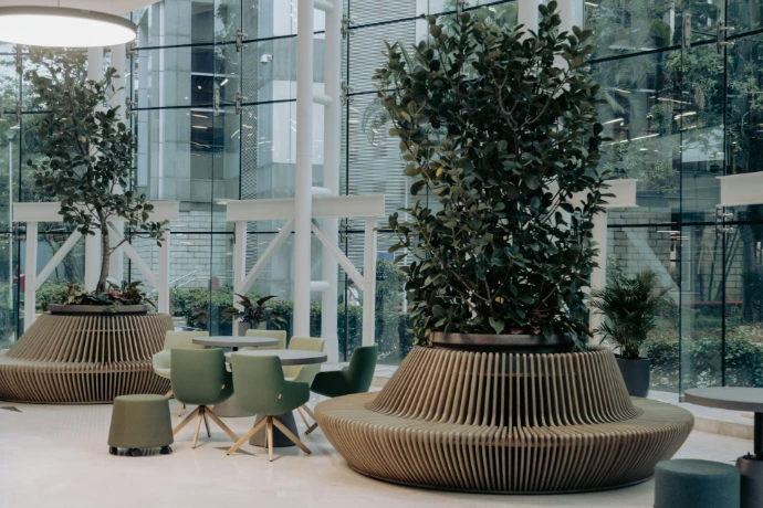 Espace intérieur biophilique avec plantes